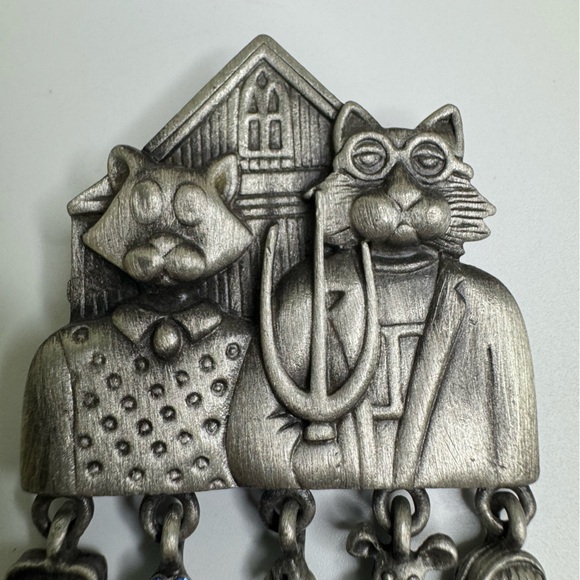 AJC Gothic Cat Brooch with Charms Farming Couple Silver Pewter Pin Vintage - Picture 3 of 10